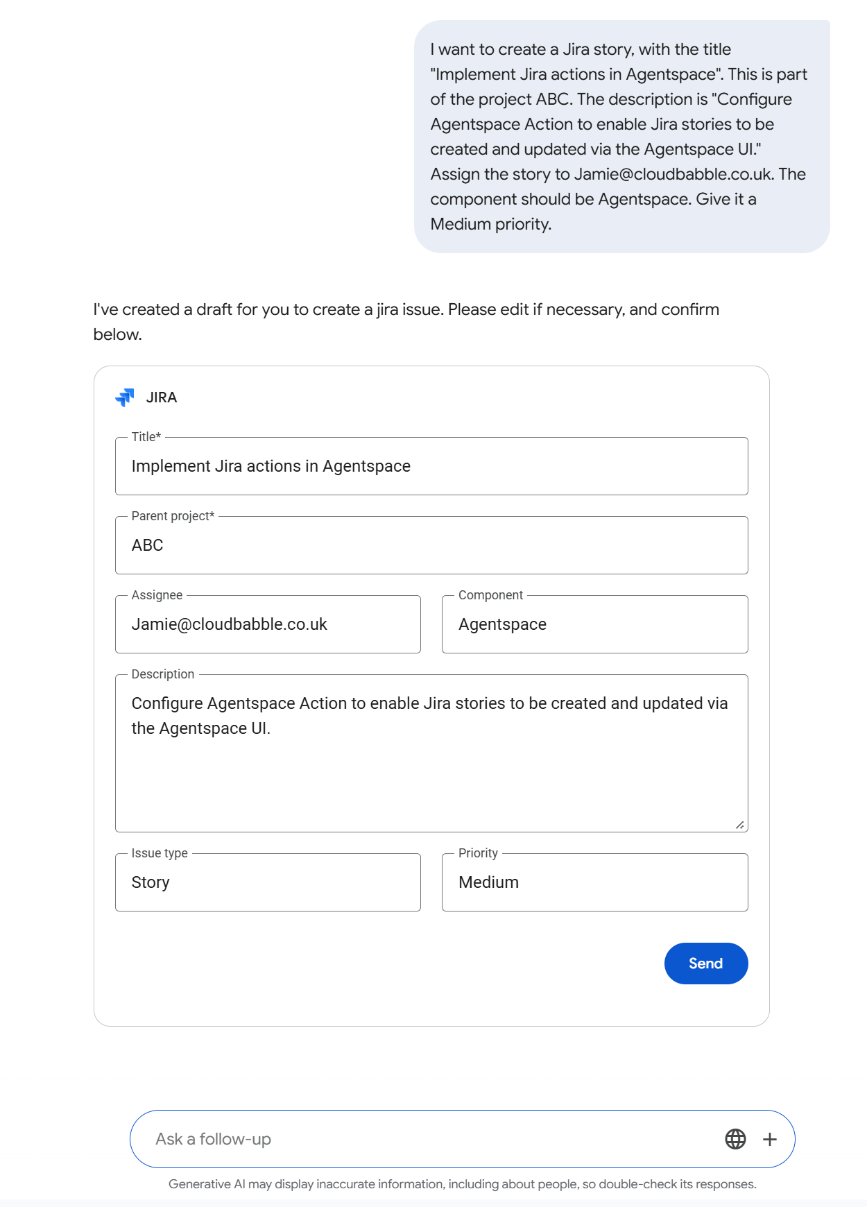 Example Agentspace Jira Action Invocation using Natural Language