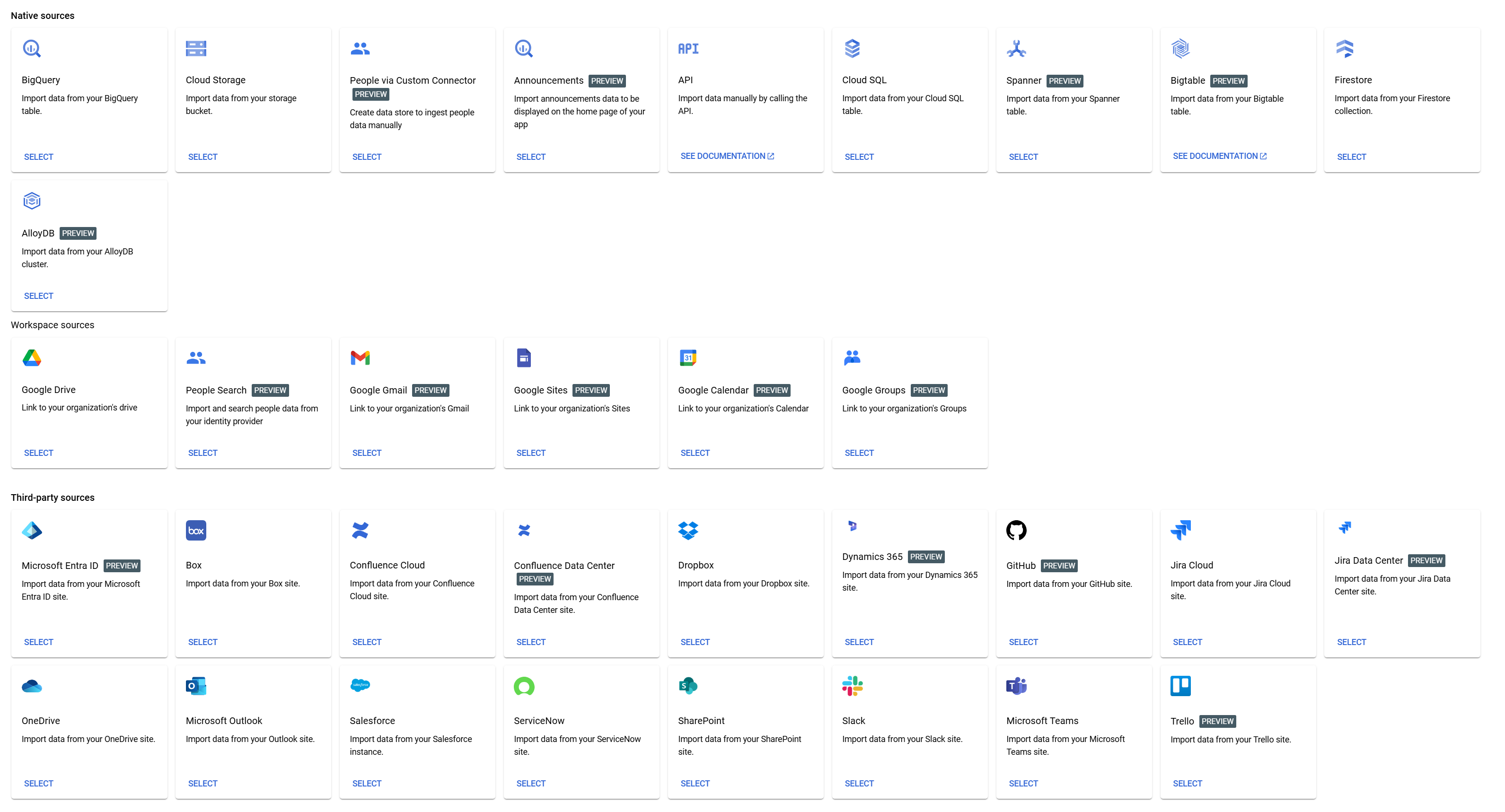 Example Agentspace Data Source Connectors for Google Cloud, Workspace and Enterprise Applications