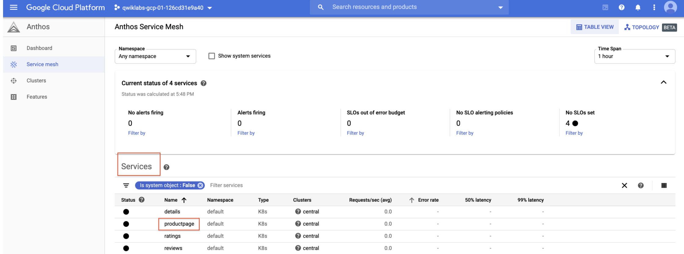 Example Anthos Service Mesh Console View