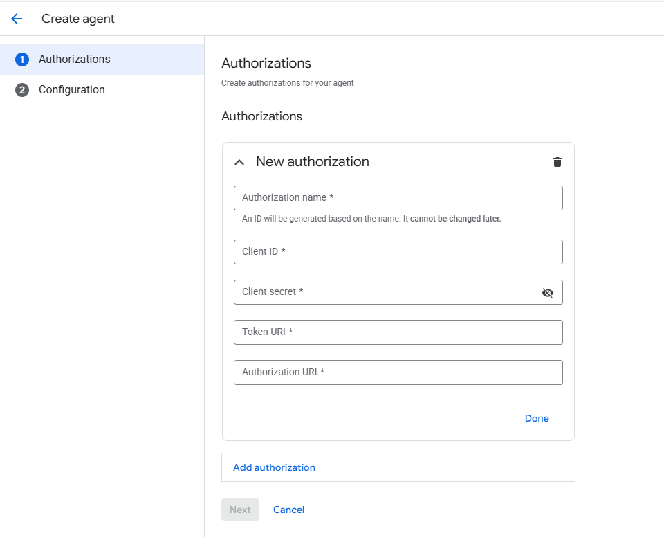 Gemini Enterprise Agent Authorisation Settings