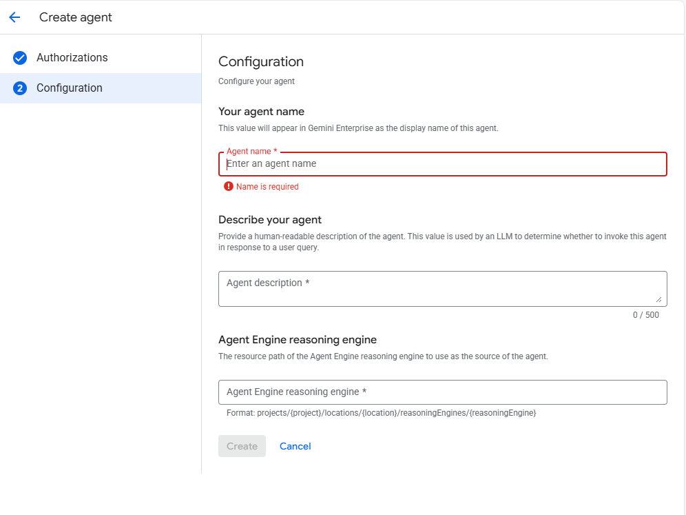 Gemini Enterprise Agent Configuration Settings