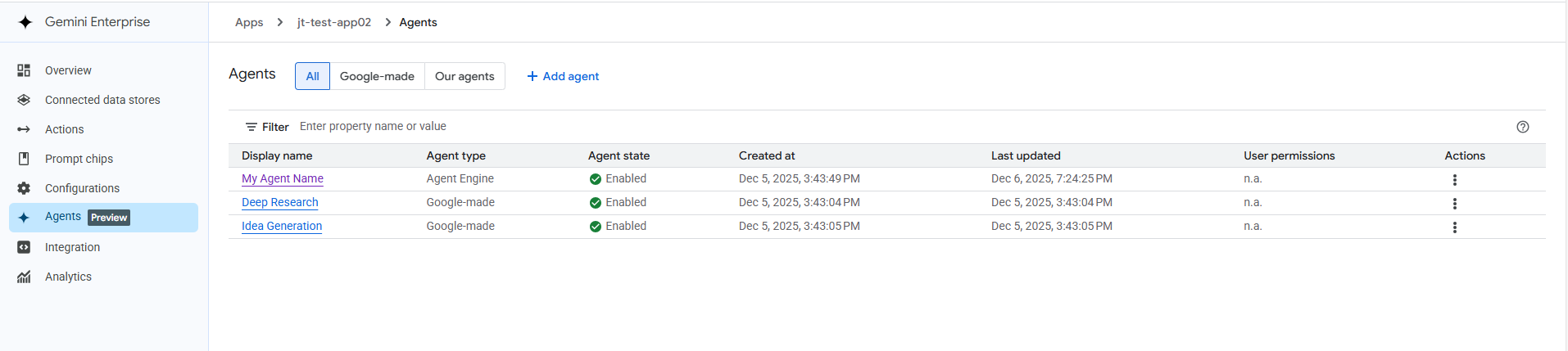 Gemini Enterprise Imported Agent View